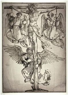 the crucifix is depicted in this black and white drawing, with angels around it