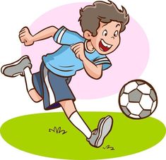 a young boy kicking a soccer ball on a field