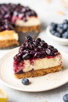 a slice of cheesecake on a plate with blueberries