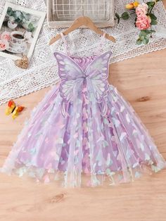 1pc Young Girl Elegant Cute Fantasy Princess 3D Butterfly Decor Rainbow Color Sleeveless Party Birthday Dress Summer Purple   Sleeveless Mesh Fabric Animal,Geometric,Plants,Butterfly Cami Non-Stretch Summer Young Girls Clothing, size features are:Bust: ,Length: ,Sleeve Length: Butterfly Birthday Dress, Tulle Tutu Dress, Butterfly Decor, Fantasy Princess, 3d Butterfly, Party Kleidung, Butterfly Birthday, Tulle Tutu, Butterfly Decorations