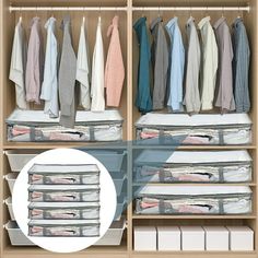 an organized closet with clothes hanging on the shelves and folded linens in bins