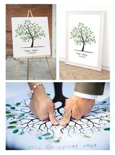 two pictures with hands on the ground and one has a fingerprint tree in it