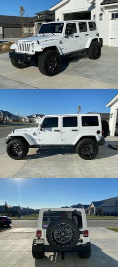 four different shots of a white jeep parked in front of a house