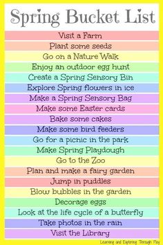 the spring bucket list is shown in pink, yellow and green colors with an image of flowers