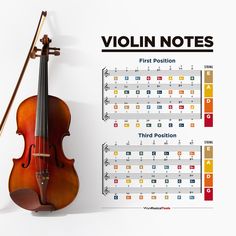 the violin is next to an info sheet with notes on it