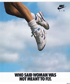 an advertisement for nike shoes featuring a woman in the air with her feet up and running