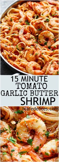 shrimp pasta with tomato sauce and parmesan cheese in a skillet on the side