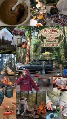 a collage of photos with people camping in the woods and drinking hot chocolate from mugs