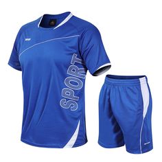 a blue soccer uniform with white lettering on the chest and shorts, which reads stop