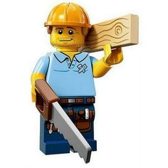 there is a lego man holding a large wooden block and a knife in his hand