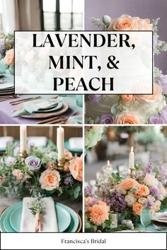 lavender, mint and peach wedding tablescapes with candles in the center for an elegant touch