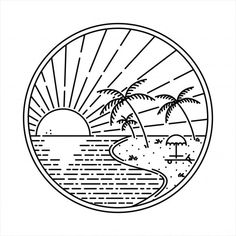 a black and white drawing of the sun rising over an ocean with palm trees in the foreground