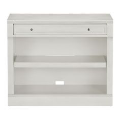 a white bookcase with two drawers and one drawer on the bottom, against a white background