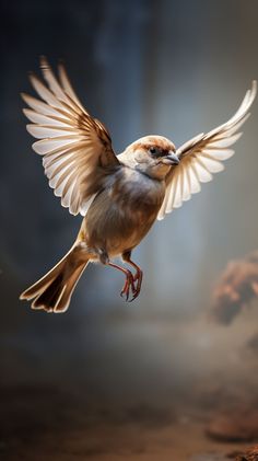 a small bird flying through the air with its wings spread