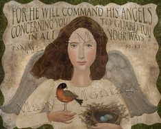 a painting of an angel holding a bird nest