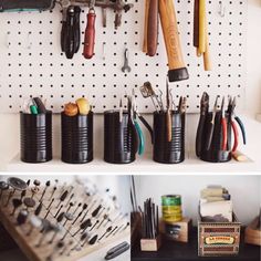 there are many tools hanging on the pegboard in this room and one is full of them