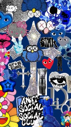 the collage has many different pictures on it, including flowers and other things in blue