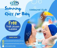 a flyer for a swimming class for baby