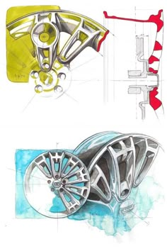 two drawings of different types of wheels and rims