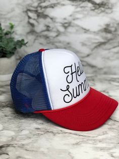 "These unique custom MADE TO ORDER hats are truely one of a kind. Not all heads are created equal , which is why we have so many size options. You can customize your hat color, size and your favorite design. please note all hat colors vary by size, in other words- not every hat color is available in every size. **please note these are made to order and the design layouts will be unique to each hat ordered** Please feel free to ask any questions you have about sizing, as these are MADE TO ORDER e Summer Trucker Baseball Cap With Curved Brim, Summer Trucker Snapback Hat, Trucker Baseball Cap With Curved Brim For Summer, Fun Summer Baseball Cap With Curved Brim, Summer Trucker Hat With Snapback, Blue Fun Snapback Hat For Summer, Fun Blue Snapback Hat For Summer, Summer Snapback Baseball Cap With Uv Protection, Summer Trucker Hat With Curved Bill