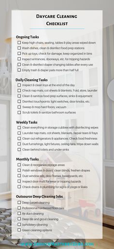 a cleaning checklist with the words, daycare cleaning checklist written in it