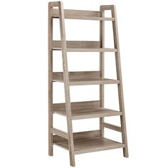 a wooden ladder shelf with four shelves on each side