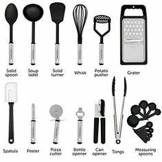 the kitchen utensils are labeled in black and white, including spatulas