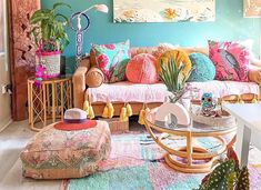 a living room filled with lots of colorful furniture