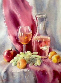 a painting of wine and fruit on a table