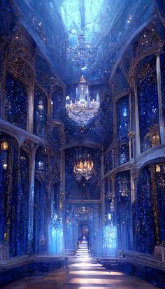 an elaborately decorated hall with chandeliers and blue walls is shown in this image