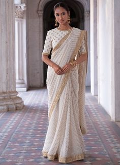 Chandni Ivory Saree Set Renee - Fabilicious Fashion White And Gold Saree, Ivory Saree, Indian Wedding Sari, Pearl Border, Dori Embroidery, Maggam Works, White Saree, Wedding Saree Indian, Georgette Blouse