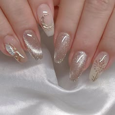 30 Top Glitter Nail Designs to Inspire You Cute Sophisticated Nails, Nail Elegant Classy, Celestial Wedding Nails For Bride, Trendy Korean Nails, Nail Art With Gems Rhinestones, Nail Bridesmaid, Ethereal Nails Aesthetic, Nail Art Elegant Classy, Gold Accent Nail Design