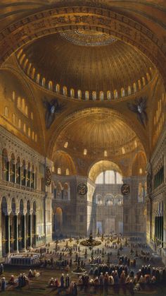 the interior of an ornate building with people sitting and standing