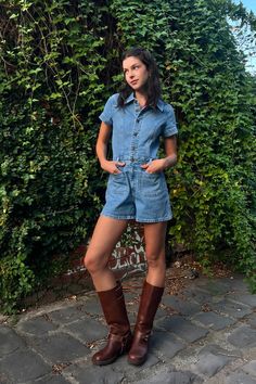 Sailor Romper in Lily Blue Short Blue Romper, Short Boots With Dresses Mini, Romper With Boots Fall, Denim Romper With Boots, Sailor Shorts Outfit, Vintage Americana Outfits, Jean Romper Outfit, Denim Romper Outfit, Denim Dress Vintage