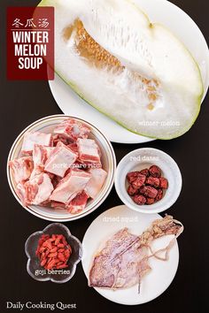 the ingredients for winter melon soup are displayed on white plates and black tablecloth