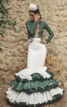 Flamenco Inspired Dress, Traditional Spanish Dress, Dresses With Long Sleeve, White Prom Dress Mermaid, Flamenco Fashion, Off Shoulder Evening Dress