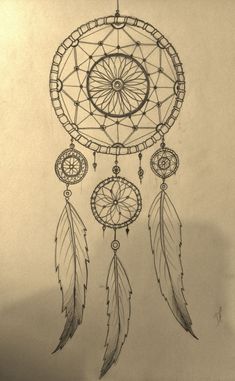 a drawing of a dream catcher with feathers