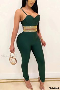 Olivia Mark - Sophisticated Womens Black Two-Piece Pencil Suit Featuring Exquisite Diamond Patchwork Detailing Green Baddie Outfits, Green Baddie, Sling Top, Green Two Piece, Red Two Piece, Blue Two Piece, Black Two Piece, Strap Crop Top, Two Piece Pants Set