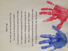 two handprints with words written in red and blue on them, one is for a child's hand