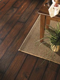 a living room with wood flooring and a plant on the side table in front of it