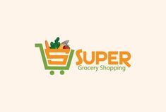 the logo for grocery shopping, with an orange shopping cart full of groceries and vegetables