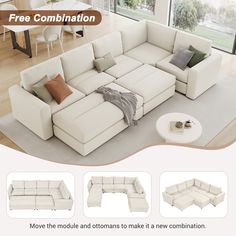 a large sectional sofa with pillows on the top and bottom is shown in three different views