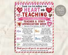 a teacher appreciation week poster with hearts and words on the front, in pink and red