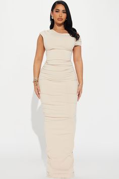 Kelli Snatched Maxi Dress - Cream Modest Fashion Nova Outfits, Maxi Work Dress, Grad Dress Black Women, Tummy Hiding Dress, Baby Shower Outfit For Guest Black Women, Cream Dress Outfit Classy, Baby Shower Guest Outfits, Maxi Gown Styles, Cream Dress Outfit