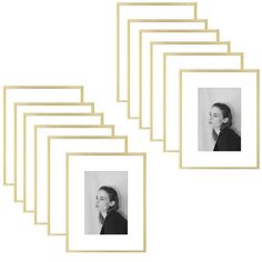 six gold frames with black and white photos on them, each holding a woman's face