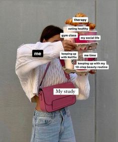 a woman holding a pink purse with words written on it and an image of donuts