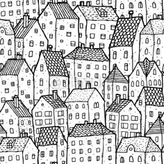 a black and white cityscape with lots of houses