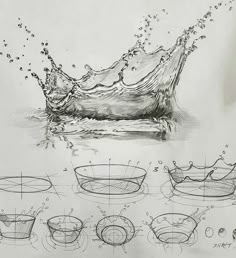 the drawing shows how to draw a crown with water splashing on it and other details