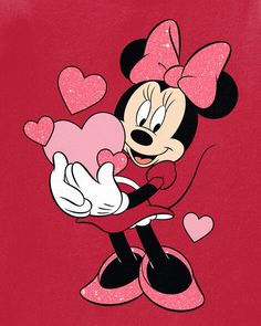 minnie mouse with hearts in her hands on a red background, looking at the camera