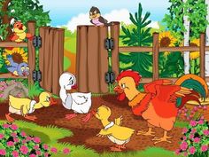 a group of chickens and roosters standing in the dirt next to a wooden fence